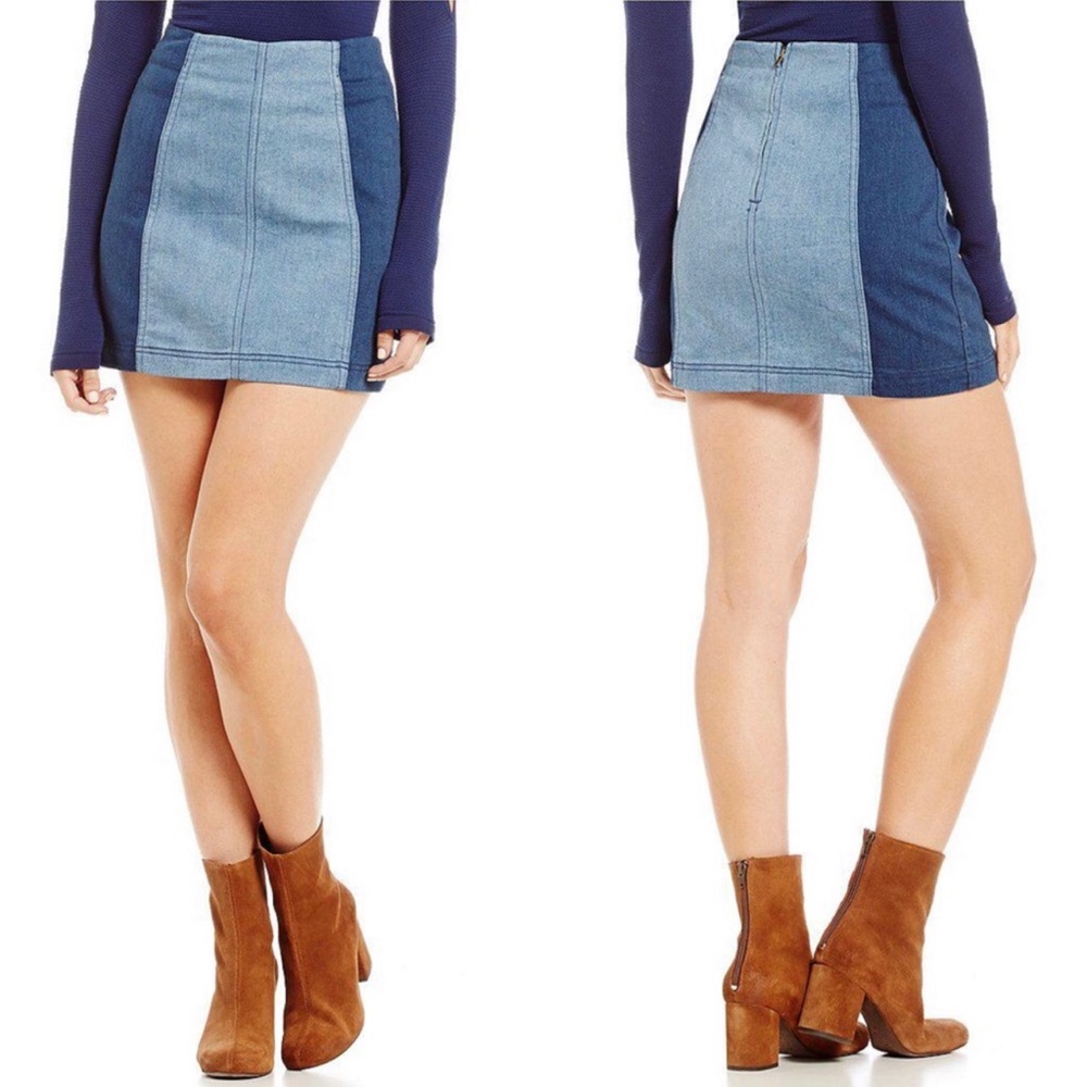Free People Modern Femme Color Block Mini Skirt In Indigo Wash Size 4